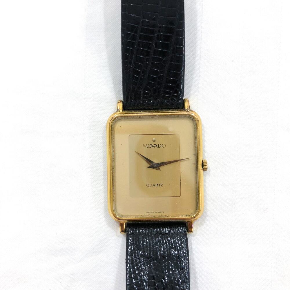 Vintage Movado Gold Square Face Black Leather Strap Watch - Picture 4 of 5
